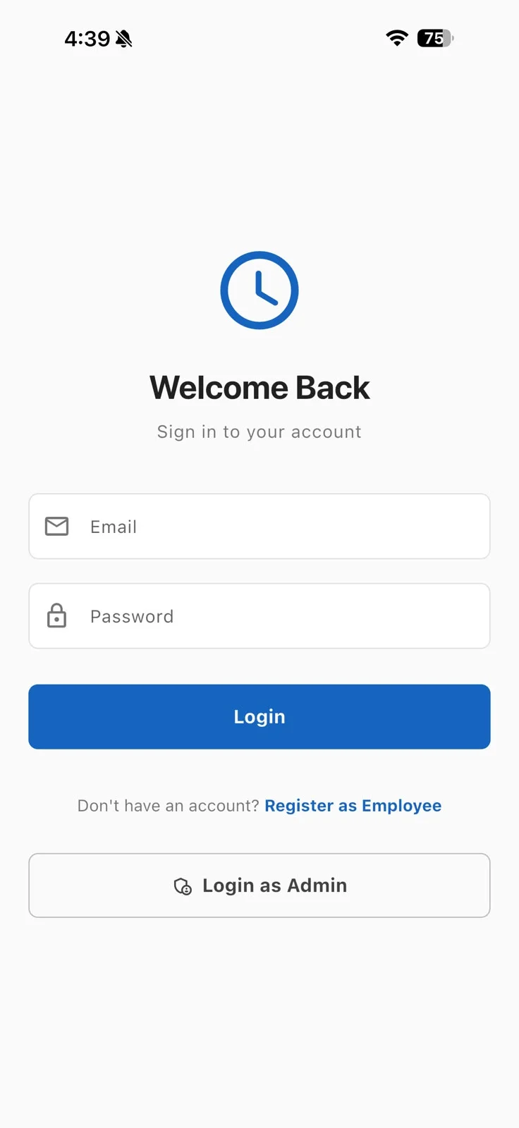 Tractime mobile app sign-in screen.